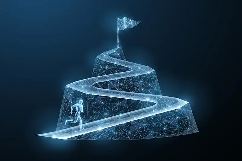 render of a man running up a mountain to a goal flag